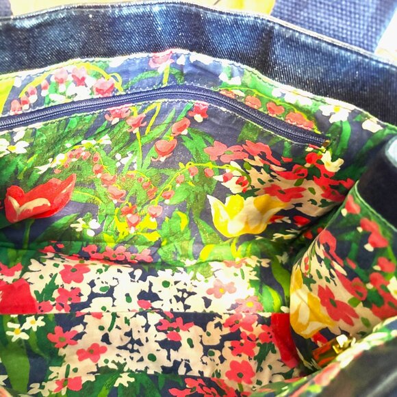 Tory Burch Navy and Denim Shoulder Tote Bag with Floral Interior - Picture 10 of 13